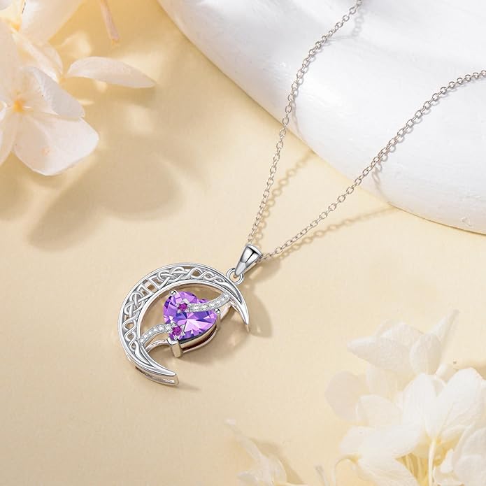TOUPOP Moon and Star Birthstone Necklace for Women 925 Sterling Silver Celtic Moon Jewelry Birthday Christmas Gifts for Her Girlfriend