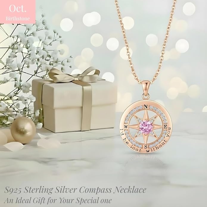 Compass Necklace for Women Wife Girlfriend Mom Daughter Gifts S925 Silver Jewelry For Anniversary Rose Gold Gifts For Birthday Christmas Mothers Valentines Day 12 Birthstones
