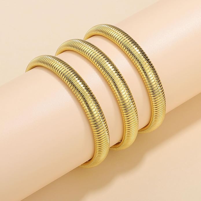 Emibele Gold Bangles Bracelet Set for Women, 18K Gold Plated Chunky Stainless Steel Non Tarnish Stretch Bracelet Stack, Flexible Wide Wristband Bangle Layered Snake Chain Bracelets