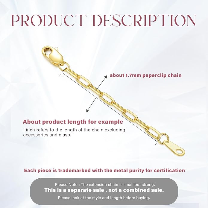 14k Gold Necklace & Bracelet Extender Chain, 1"/1.5"/2"/3"/4"/5" Durable Removable Gold Extension Chain