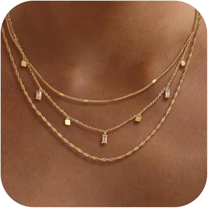 Layered Necklaces for Women, Dainty Gold Necklace Stack 14k Gold Plated Layering Cubic Zirconia Choker Necklaces for Women Trendy Simple Layered Gold Necklace Set Fashion Jewelry