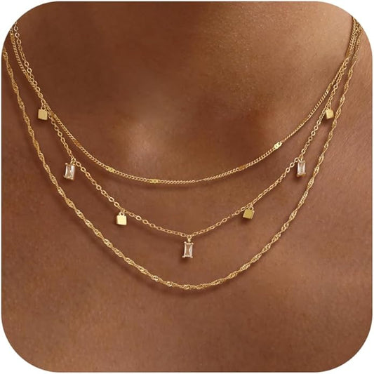 Layered Necklaces for Women, Dainty Gold Necklace Stack 14k Gold Plated Layering Cubic Zirconia Choker Necklaces for Women Trendy Simple Layered Gold Necklace Set Fashion Jewelry