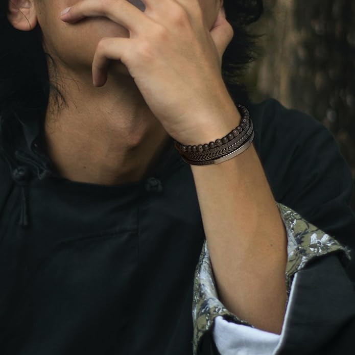 Mens Tiger Eye Matee Black Onyx Lava Rock Volcanic Stone Beaded Bracelet, Black Braided Leather Bracelet for Men