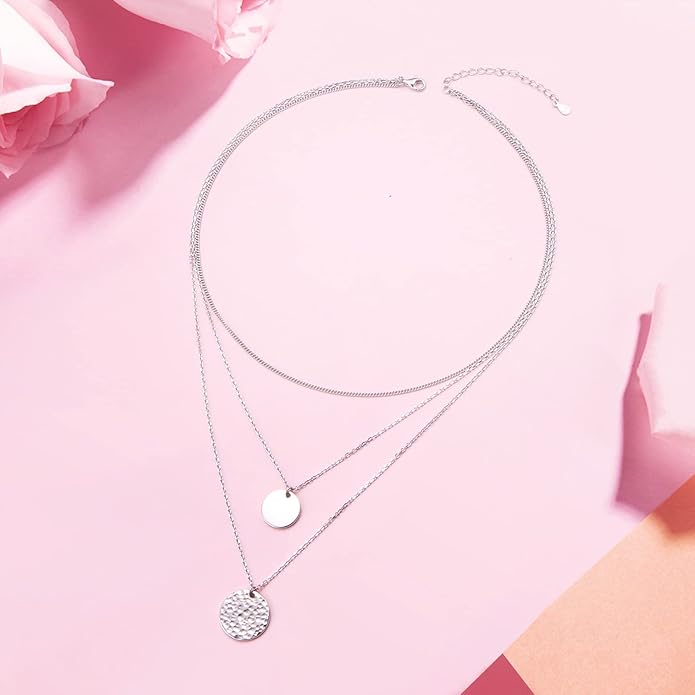 S925 Sterling Silver Layered Necklaces Multi 3 Layer Circle Bar Boho Long Triple Choker Pendant Necklace Jewerly Gift for Women