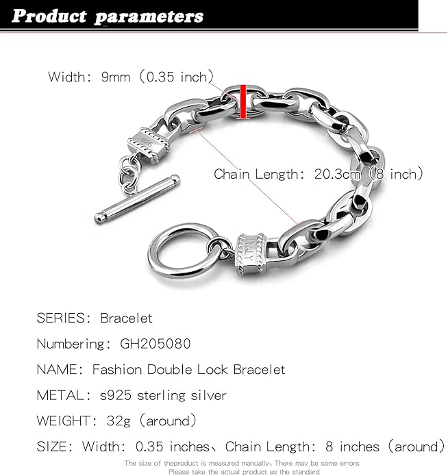 H&Beautimer Solid 925 Silver Bracelet Italian Handmade 0.35/0.4 Inch Box Chain Bracelet for Men's 7,7.5,8,8.5,9,9.5,10 Inch Hip Hop Style Jewelry