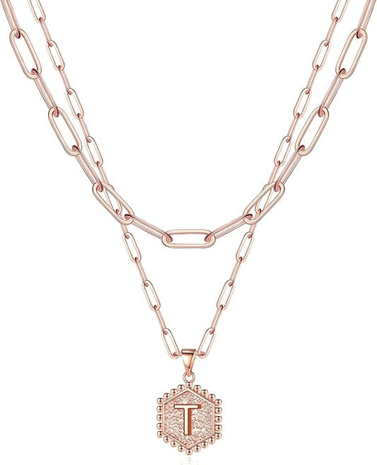 M MOOHAM Dainty Initial Necklaces for Women - Layering Necklace for Women Cute Hexagon Letter Initial Necklace Layered Necklaces for Womens Gifts