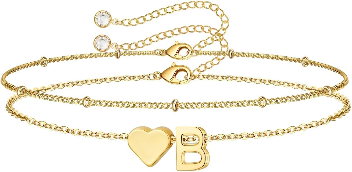 M MOOHAM Christmas Gifts for Grandkids Teens Girls -14K-Gold-Plated Heart Initial Bracelets for Women Girl Dainty Gold Bracelets Birthday Gift Stocking Stuffers for Women Teenage Girls Kids Gifts