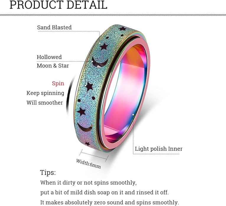 AmorArtSky Anxiety Ring for Women Men, Titanium Stainless Steel Spinner Ring, 5 Colors, 6MM, Size 6-10, 3 Styles Anxiety Ring-Moon Star, Sandblasted Finished, Hollow Outer