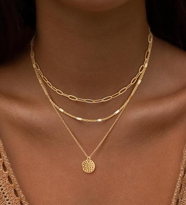 Gold Layered Necklaces for Women, 14K Gold Plated Dainty Necklace Set with Paperclip, Adjustable Trendy Gold Jewelry Stackable Gift