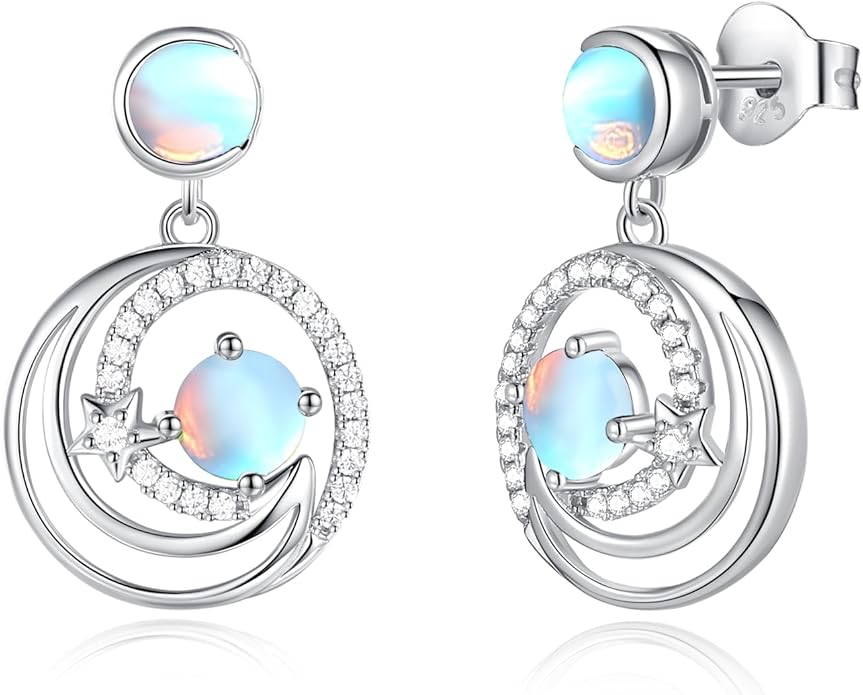 FANCIME Dangle Drop Earrings 925 Sterling Silver Moon Star Round Gemstone Birthstone Jewelry Birthday Christmas Gifts for Her Women