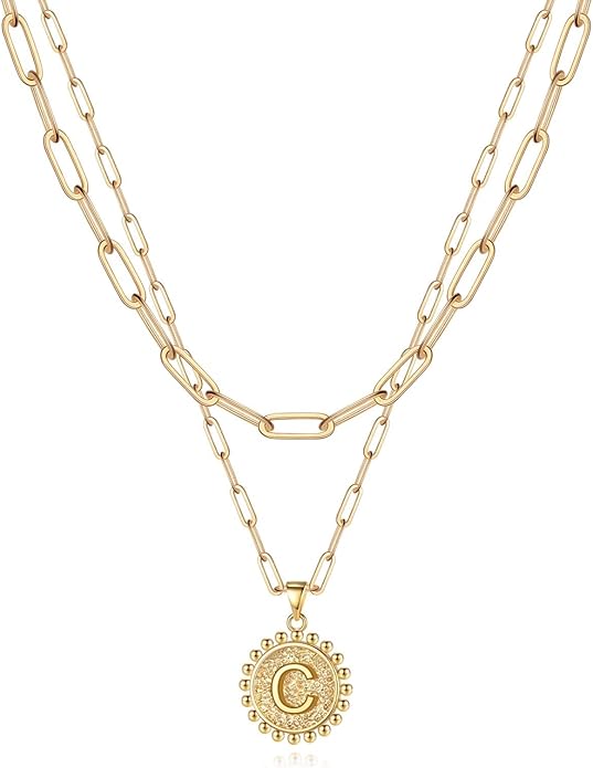 Yoosteel Gold Initial Necklaces for Women, 14K Gold Plated Dainty Layering Paperclip Link Chain Necklace Coin Initial Layered Necklaces for Women Personalized Birthday Gifts
