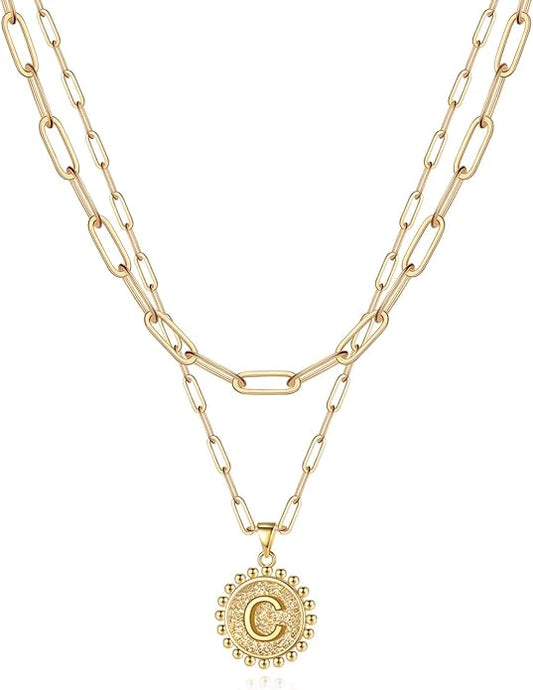Yoosteel Gold Initial Necklaces for Women, 14K Gold Plated Dainty Layering Paperclip Link Chain Necklace Coin Initial Layered Necklaces for Women Personalized Birthday Gifts