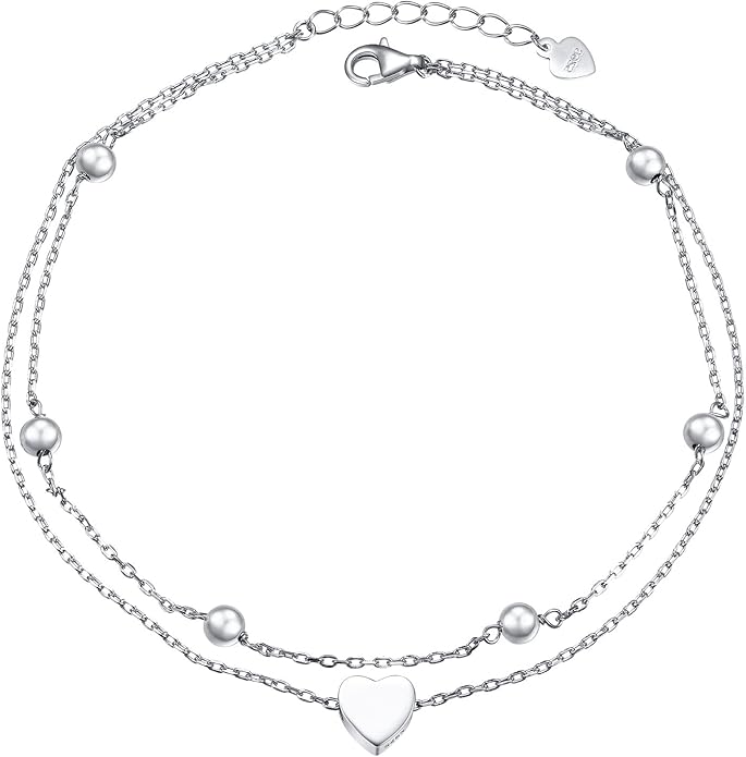 FLYOW Anklet for Women S925 Sterling Silver Adjustable Foot Beaded Heart Charm Ankle Bracelet Anklets Jewelry