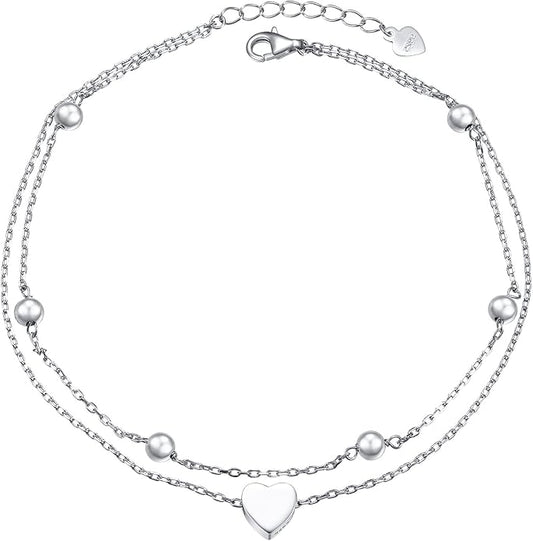 FLYOW Anklet for Women S925 Sterling Silver Adjustable Foot Beaded Heart Charm Ankle Bracelet Anklets Jewelry