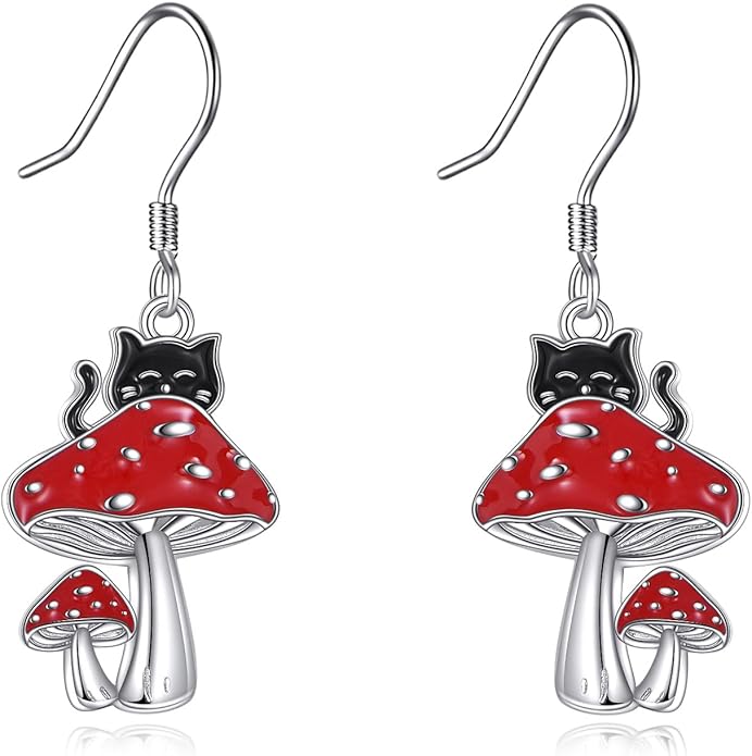 Black Cat Earrings 925 Sterling Silver Black Cat Mushroom Dangle Earrings Animal Jewelry Gifts for Women
