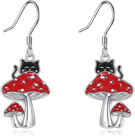 Black Cat Earrings 925 Sterling Silver Black Cat Mushroom Dangle Earrings Animal Jewelry Gifts for Women