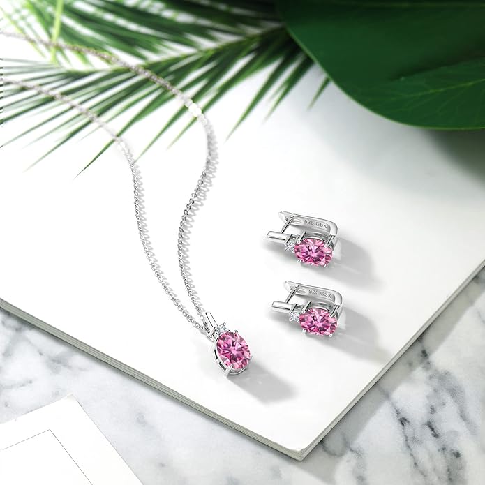 Gemstone Birthstone and White Created Sapphire Pendant and Earrings Jewelry Set for Women in 925 Sterling Silver | Oval 8X6MM and Round 2.5MM | With 18 Inch Chain | Fine Jewelry for Her Mom Women Wife