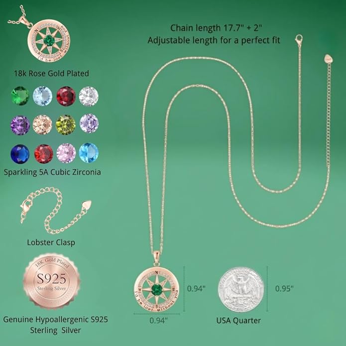 Compass Necklace for Women Wife Girlfriend Mom Daughter Gifts S925 Silver Jewelry For Anniversary Rose Gold Gifts For Birthday Christmas Mothers Valentines Day 12 Birthstones
