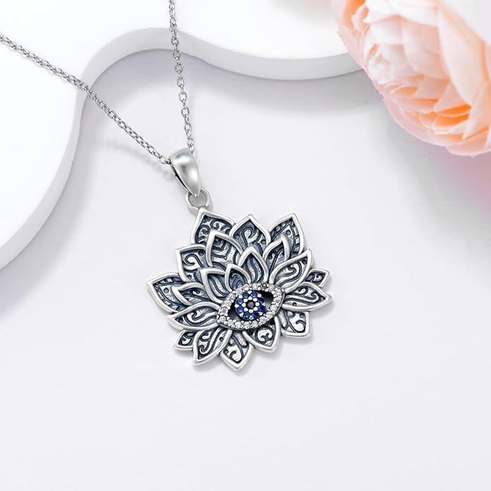 Evil Eye Necklace 925 Sterling Silver Lotus Flower Necklace Spiritual Necklace Jewelry for Women