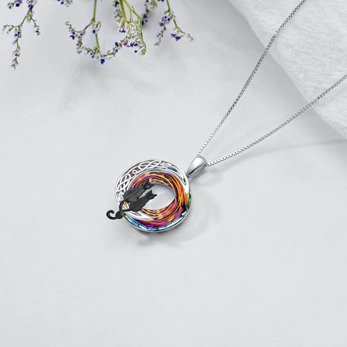 TOUPOP Christmas Cat Gifts for Cats Lovers One Two Three Four Cats Necklace Sterling Silver Cats on the Moon Pendant Necklace with Blue Circle Crystal Birthday Christmas Celtic Jewelry Gifts for Women
