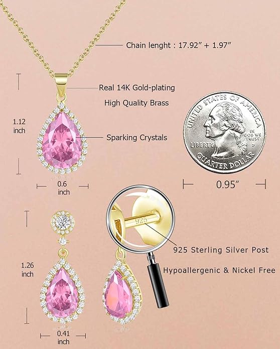 REASAYLL Jewelry Sets For Women 925 Sterling Silver Post Teardrop Dangle Stud Earrings Necklace Set Crystal Rhinestone Wedding Prom Costume Jewelry for Women