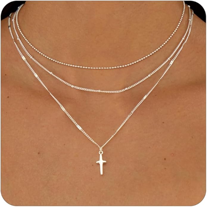 Layered Silver Necklace for Women Trendy Silver Plated Dainty Stackable Necklace Set Cuban Paperclip Herringbone Link Chain Coin/Cross/diamond/Mobius Pendant Necklaces Fashion Accessories Jewelry Gift
