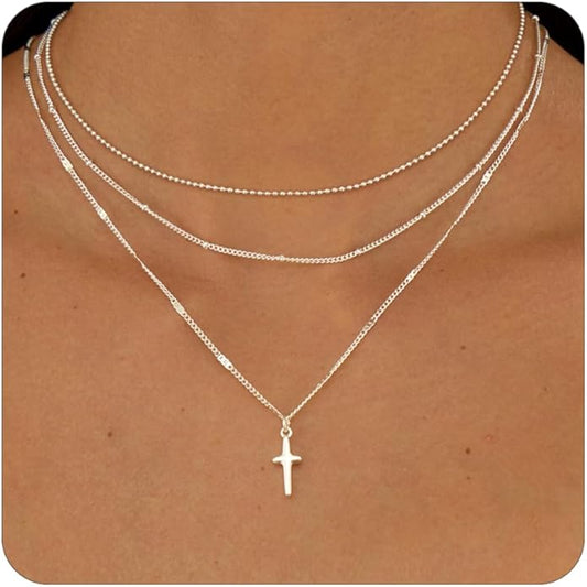 Layered Silver Necklace for Women Trendy Silver Plated Dainty Stackable Necklace Set Cuban Paperclip Herringbone Link Chain Coin/Cross/diamond/Mobius Pendant Necklaces Fashion Accessories Jewelry Gift