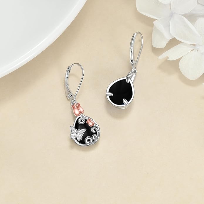AOBOCO Butterfly/Dragonfly/Bee/Ladybug Leverback Earrings 925 Sterling Silver Rose Lotus Tulip Flower Filigree Dangle Earrings Teardrop Moonstone Larimar Turquoise Abalone Shell Jewelry Birthday Gifts for Women