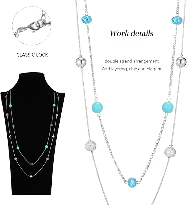 Silver Layered Long Necklace for Women Pearl Crystal Sweater Strand Chain Necklaces Fashion Gifts