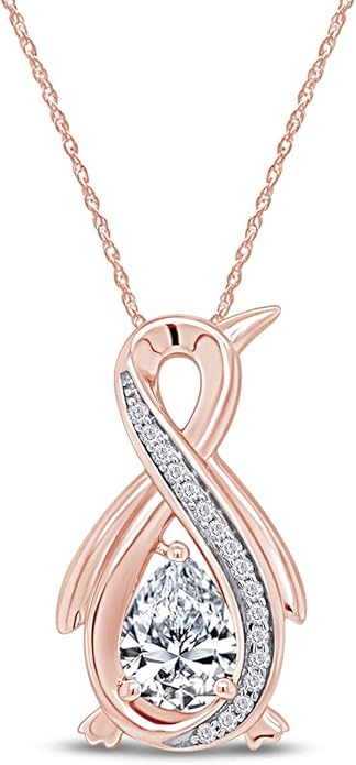 Infinity Penguin Pendant Necklace for Women, 14K Gold Over Sterling Silver with Pear & Round Cut Simulated Birthstone & White Diamond Accents, Dainty Animal Jewelry Gift with 18" Chain