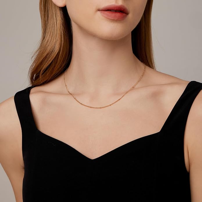 Gold Chain Necklace for Women Dainty 18K Gold Plated Thin Satellite Beaded Turquoise Necklace Simple Gold Boho Jewelry