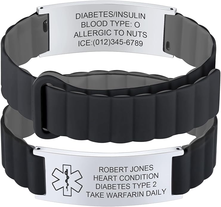 Comfortable Medical ID Bracelet for Men & Women - Custom Engraved Silicone Strap Comfort Fit Medical Alert Bracelets for Sports,Adjustable Waterproof Customizable Wristband for Diabetic