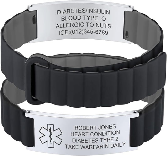 Comfortable Medical ID Bracelet for Men & Women - Custom Engraved Silicone Strap Comfort Fit Medical Alert Bracelets for Sports,Adjustable Waterproof Customizable Wristband for Diabetic