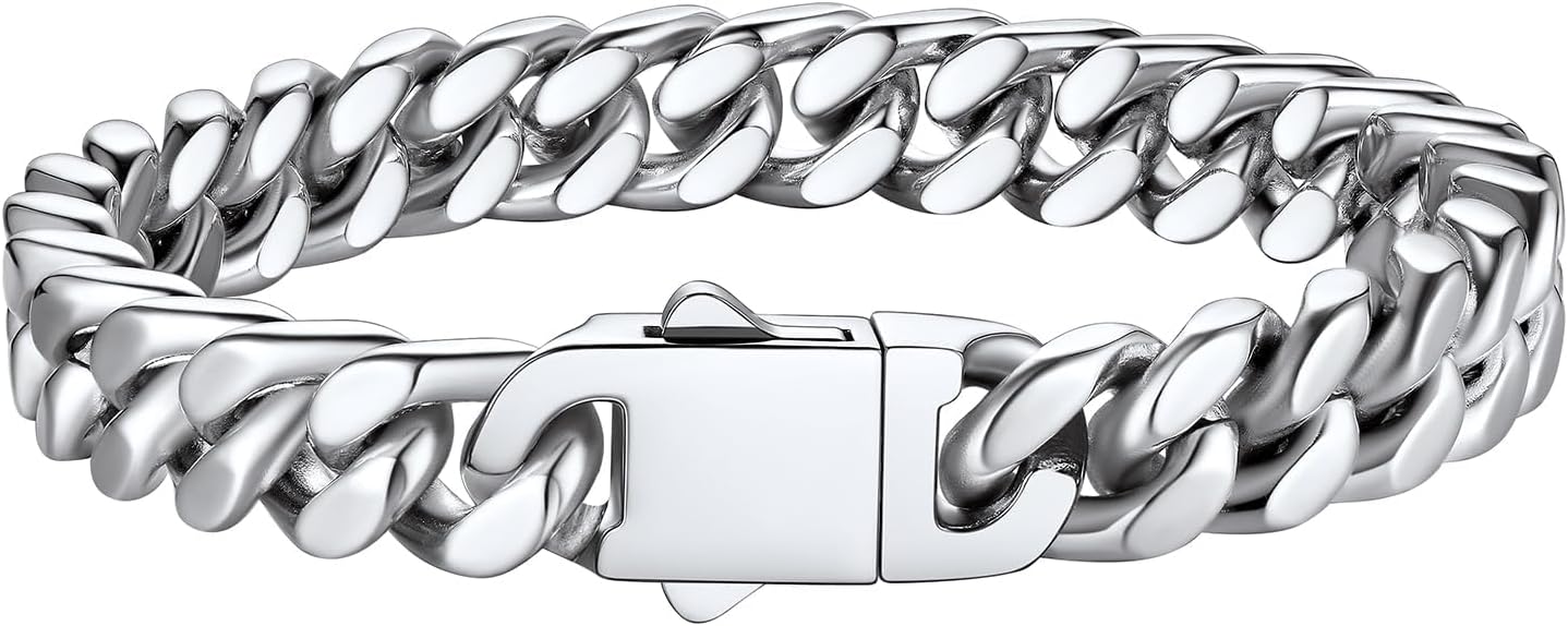 Bestyle Thick Mens Cuban Link Chain Bracelets, Durable Real 18K Gold/Black Metal Plated Solid Stainless Steel Hand Chain Cuban Bracelets for Men, Silver Black Gold Bracelets for Father Husband
