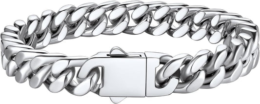 Bestyle Thick Mens Cuban Link Chain Bracelets, Durable Real 18K Gold/Black Metal Plated Solid Stainless Steel Hand Chain Cuban Bracelets for Men, Silver Black Gold Bracelets for Father Husband
