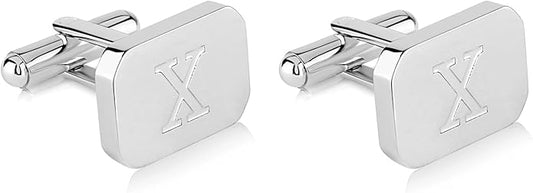 18K White-Gold Plated Initial Engraved Stainless Steel Men’s Cufflinks With Gift Box -Personalized Alphabet Letter’s A-Z By Lux & Pair