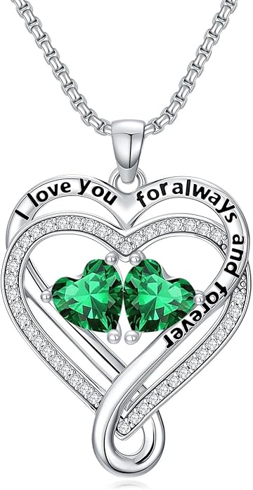 I Love You for Awlays and Forever Double Heart Necklace with Birthstone, 2 Birth Stone Jewelry Anniversary Valentines Mothers Day Christmas Birthday Gifts for Women Her Wife Girlfriend Mom Mother
