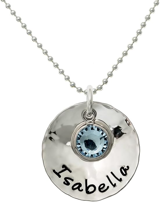 Sterling Silver Personalized Domed and Hammered One Name Necklace. Customize with Your Choice of Characters. Hammered Finish. Includes 925 Chain and Crystal Birthstone. Gifts for Her, Mother, Wife