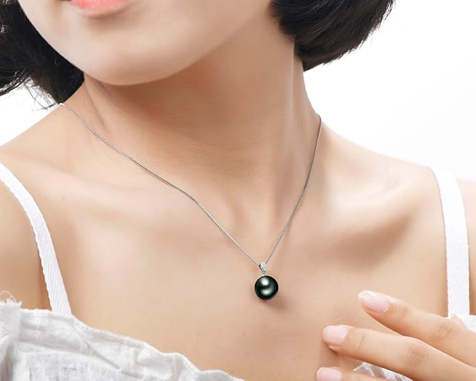 DENGGUANG 18K Gold Natural Black Pearl Pendant Necklace Pendant with Diamond 10-11mm Genuine Tahitian Cultured Round Pearls Jewelry Gifts for Women with 18" Silver Chain