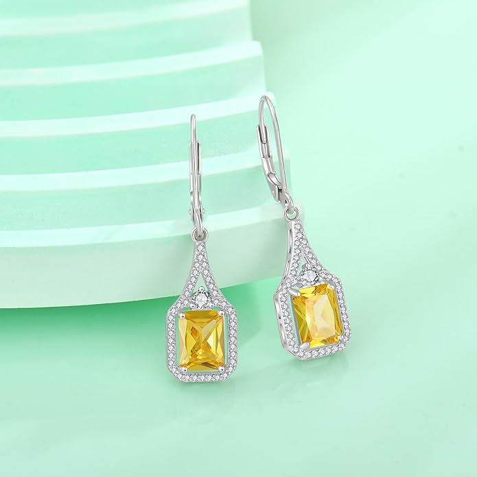 Emerald Cut Dangle Drop Earrings 925 Sterling Silver Halo Rectangular Leverback Earrings Birthstone Jewelry for Women