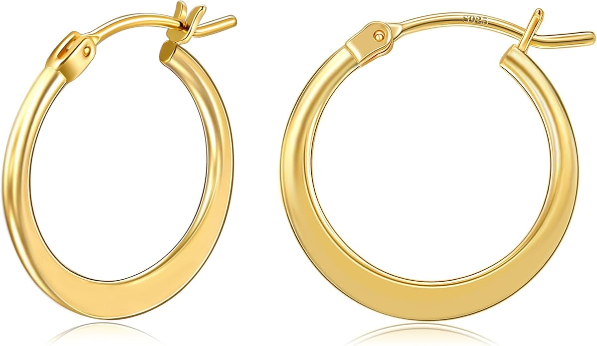 Gacimy Flattened 14K Gold Plated Hoop Earrings for Women, 14K Real Gold Plated Hoops with 925 Sterling Silver Post,Hypoallergenic Lightweight Earring