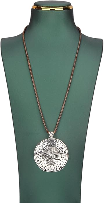 Long Boho Necklaces for Women Vintage Leather Wooden Pendant Y Choker Ethnic Style Gold Circle Hippie Sweater Necklace