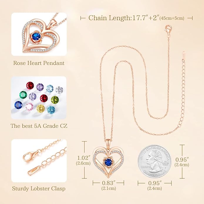 CDE Christmas Gifts for Women S925 Silver Rose Gold Heart Birthstone Necklaces for Women，Ideal Anniversary or Birthday Jewelry Gifts for Wife Girlfriend Her