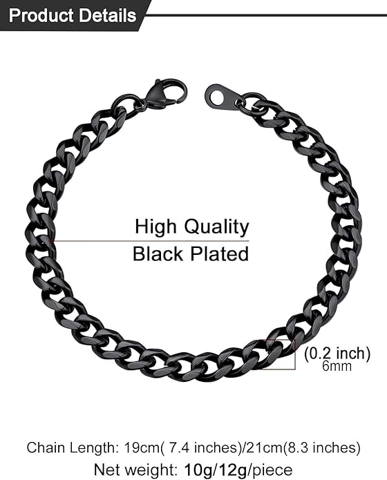 U7 Link Bracelets for Men, Cuban Link/Rope/Watch Band Solid Bracelet, Silver Black Gold Color Wrist Bracelet 3/6/9/12/15mm Width, 6.5/7.5/8.3 Inch Length, Hand Chain Jewelry for Mens Women