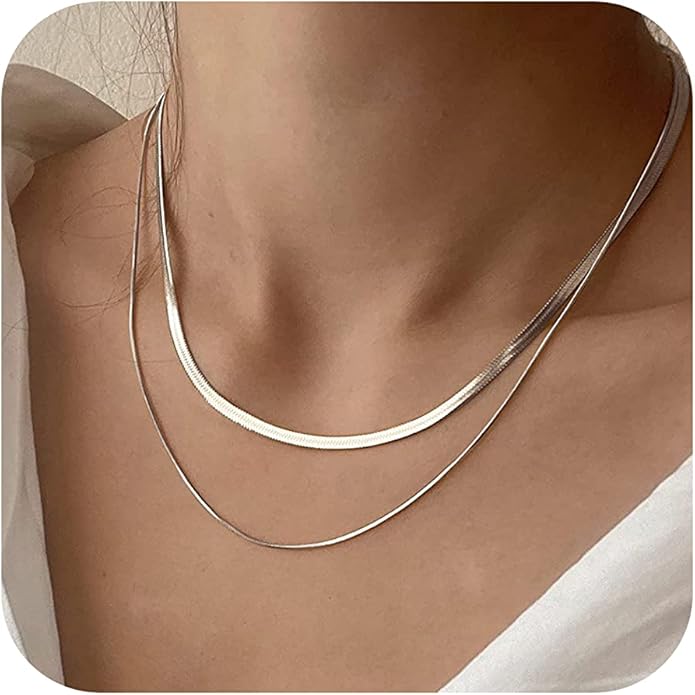 Tewiky Layered Necklaces for Women Non Tarnish- Chunky 14k Gold Plated Herringbone/Snake/Rope/Box/Cuban Link Chain for Women Waterproof Layering Stack Choker Necklace Trendy Dainty Tarnish Free Jewelry Set