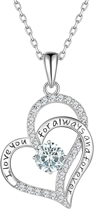 Heart Birthstone Silver Necklace for Women, S925 Sterling Silver Pendant Necklace Birthday Jewelry Gifts for Her Mother Mom Wife Girlfriend