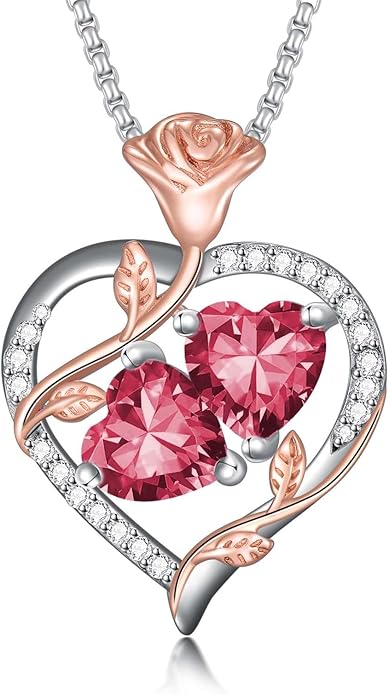 Christmas Gifts for Women Rose Heart Birthstone Pendant Necklace I Love You Forever Jewelry Valentine Mothers Day Birthday Gifts for Women Her Wife Girlfriend