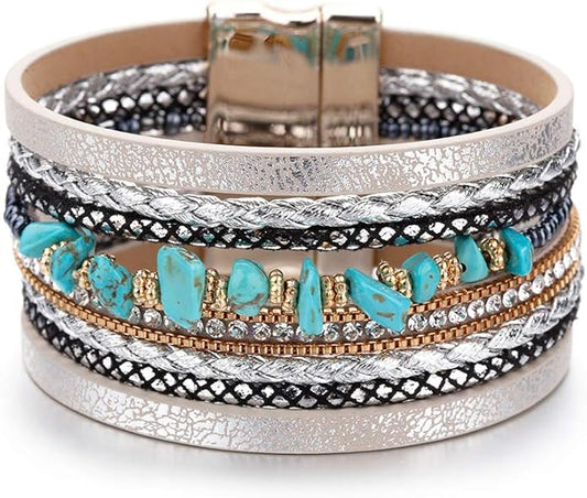 Fesciory Leather Wrap Bracelets for Women, Boho Leopard Multi-Layer Crystal Beads Cuff Bracelet Jewelry