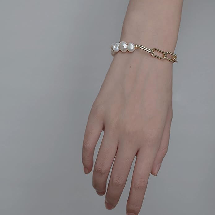 Cowlyn Pearl Bracelets for Women - Dainty 14K Gold Plated Beaded Pearl Link Chain Birthday Christmas Jewelry Gifts for Women