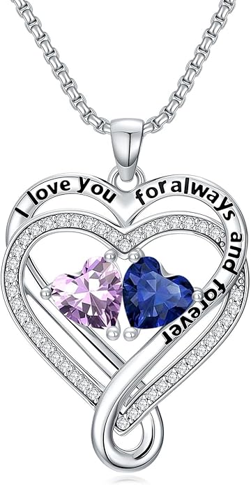 I Love You for Awlays and Forever Double Heart Necklace with Birthstone, 2 Birth Stone Jewelry Anniversary Valentines Mothers Day Christmas Birthday Gifts for Women Her Wife Girlfriend Mom Mother
